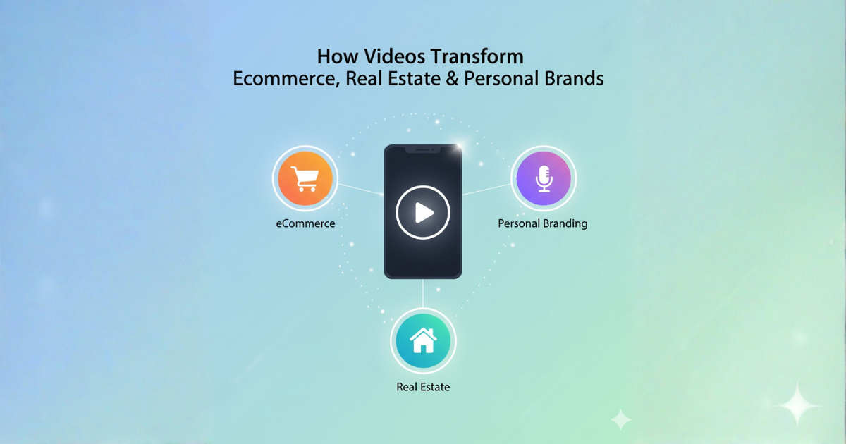 Illustration of a smartphone with a play button surrounded by icons for eCommerce, real estate, and personal branding on a gradient background