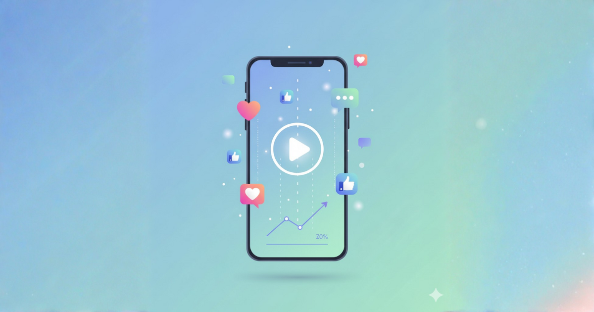 Illustration of a smartphone screen with social media icons and engagement symbols representing Meta Ads and video marketing performance.