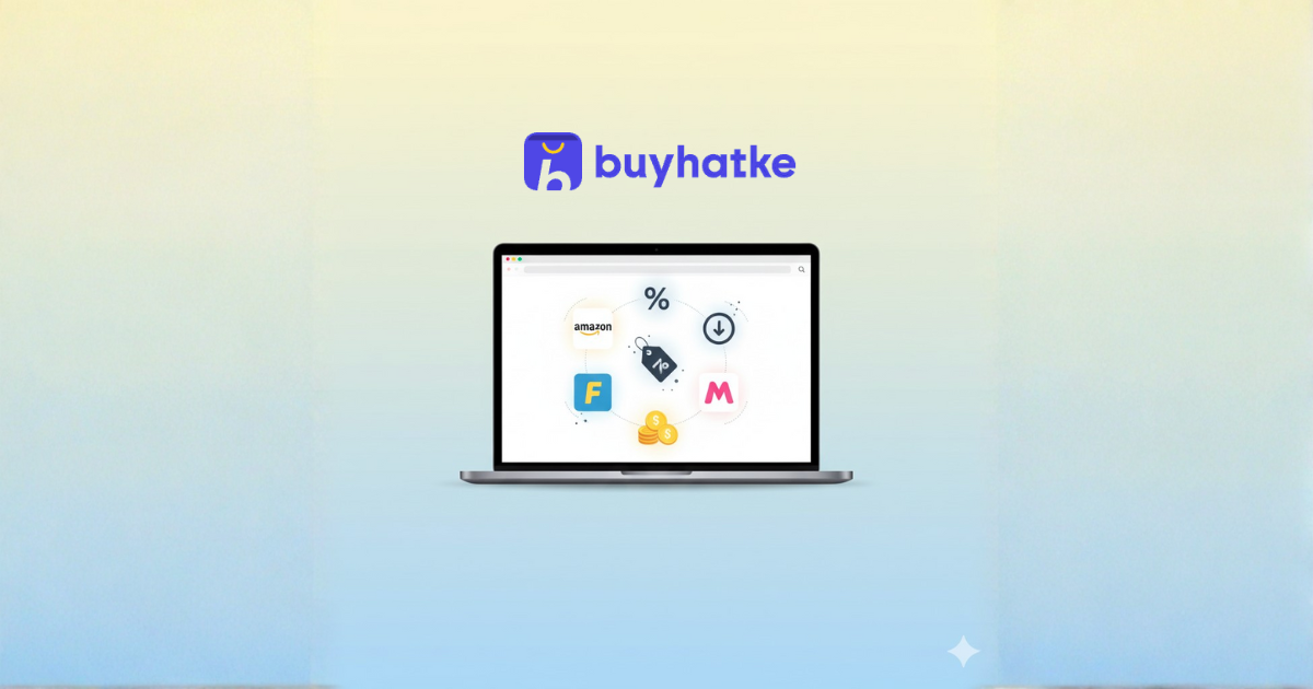 Laptop illustration showing Amazon, Flipkart, and Myntra icons representing price comparison and discounts using Buy Hatke.